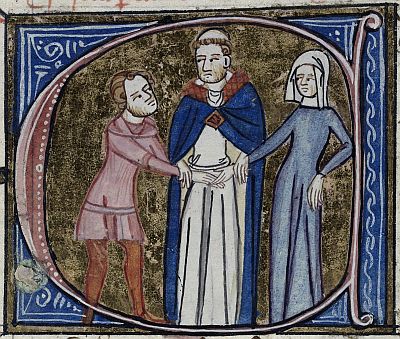 Detail van een verluchte initiaal 'C' (van coniugium, huwelijk): een priester  verenigt de handen van een man en een vrouw.