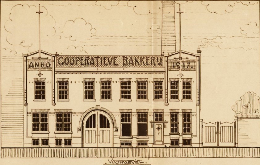 Een fraaie geveltekening bij de  aanvraag van een bouwvergunning voor de Coöperatieve bakkerij, 1917 (bron: West-Brabants Archief)