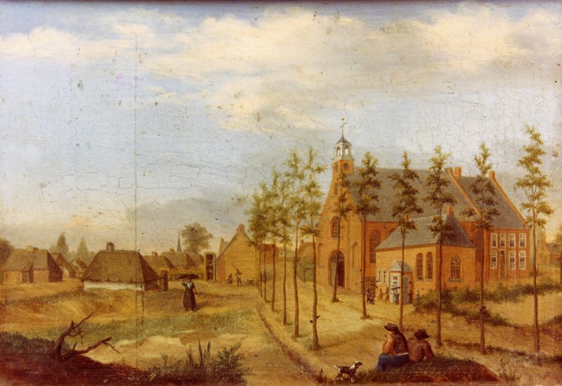 Gezicht op Sint Willebrord in 1857 door B.J.C. Weingärtner. Rechts de waterstaatskerk op het grondgebied van de gemeente Rucphen, links van de Dorpsstraat huizen op het grondgebied van de gemeente Etten en Leur. (Bron: West-Brabants Archief)