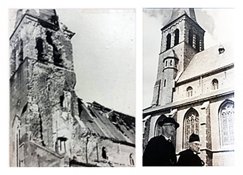 Links de door granaten getroffen toren en rechts de herstelde. Kapelaan van der Weijden (links) en (Cornelis) van Hooijdonk, pastoor Terheijden van 1946 tot 1966 (Foto’s archief Vijf Heiligen Parochie)
