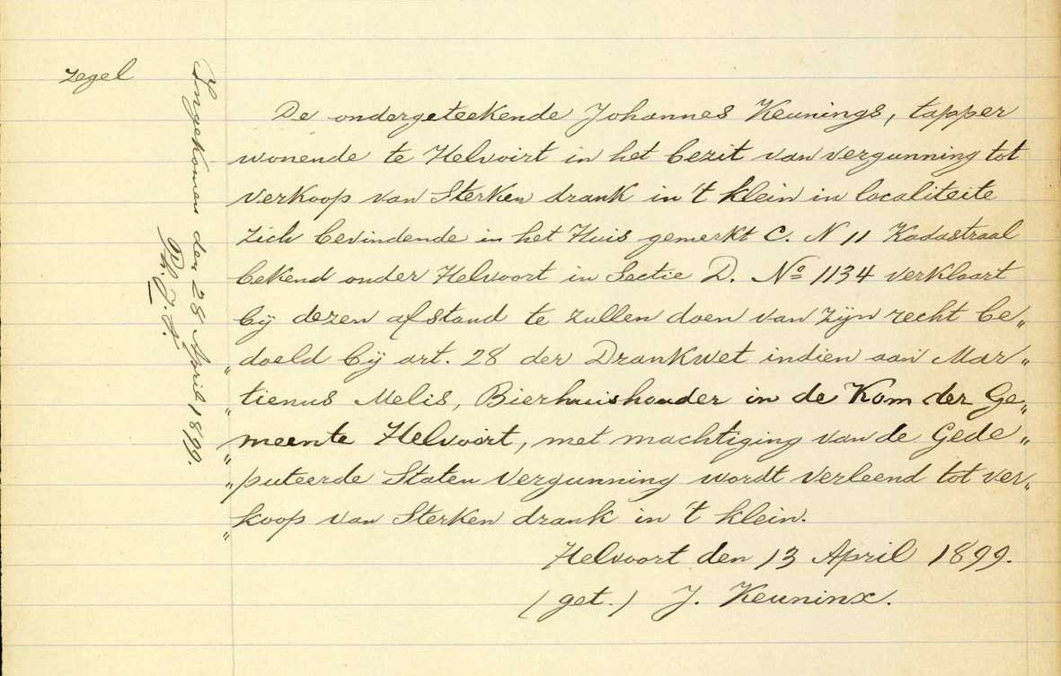 Jan Keuninx verklaart zich bereid zijn Drankwetvergunning in te leveren als Martinus Melis een vergunning krijgt, 1899