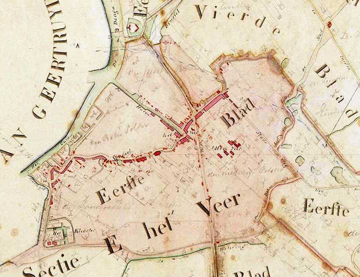 Uitsnede van het Kadastrale Verzamelplan Raamsdonk (1819) door Adriaan Knaap (1796-?). In het midden de Napoleonsweg, waaraan al bebouwing te zien is. De linkerbovenhoek van de kaart is het noordwesten
