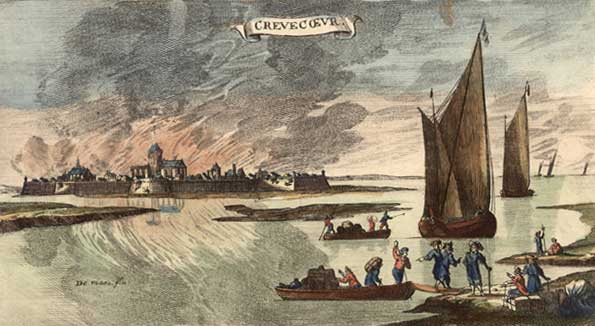 Zicht op het Hedels veer; op de achtergrond het brandende fort Cr&egrave;vecoeur, door de Fransen in 1673 in brand gestoken (Collectie Erfgoed 's-Hertogenbosch)