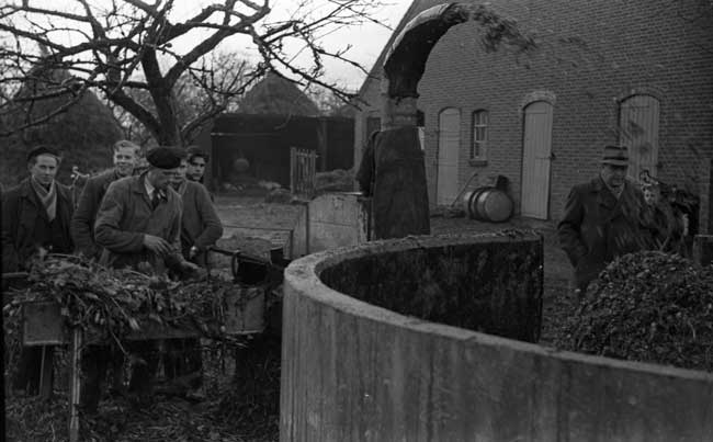Hakselmachine, voedersilo ir. Franken, Oss 1949 (foto: Fotopersbureau Het Zuiden, collectie BHIC 1659-000207)
