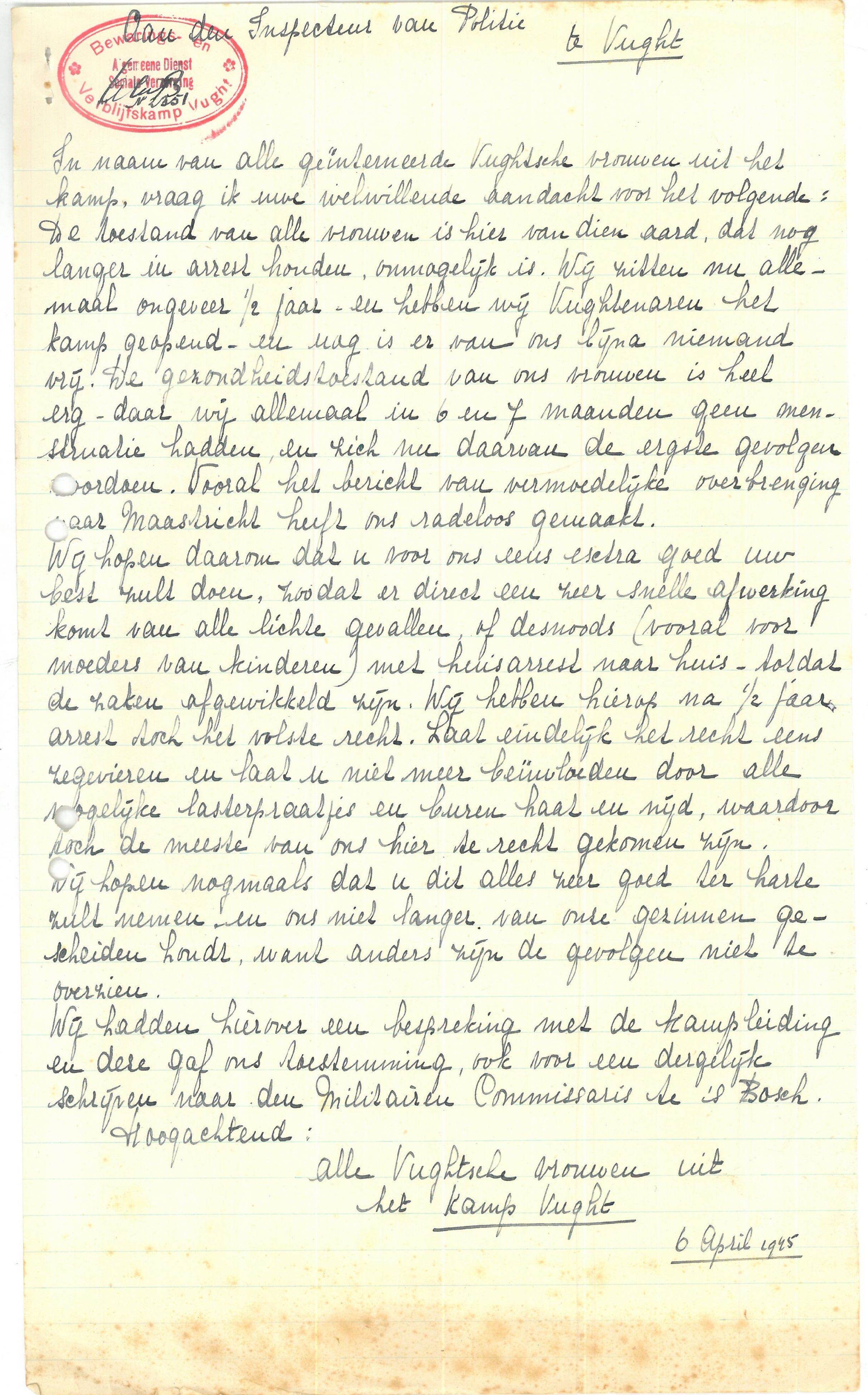 Brief van de geïnterneerde vrouwen van Kamp Vught aan de inspecteur van de politie. 6 april 1945.