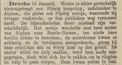 Gedeelte van een krantenbericht over de moord (bron: Provinciale Noordbrabantsche en 's Hertogenbossche Courant, 18 jan. 1872)