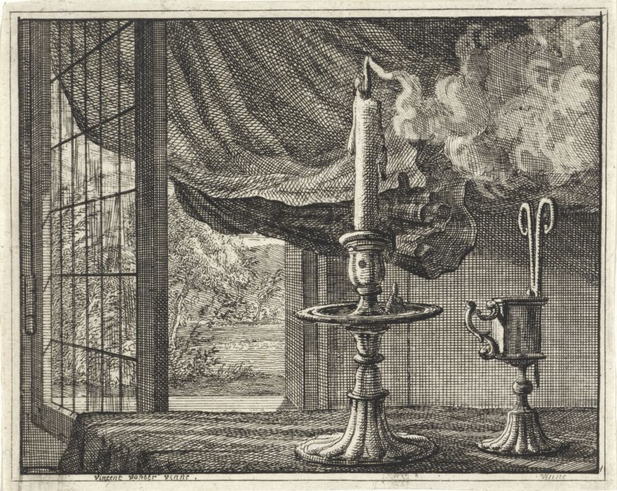 Uitgedoofde kaars voor een open raam, Vincent Laurensz. van der Vinne (II), 1714 
