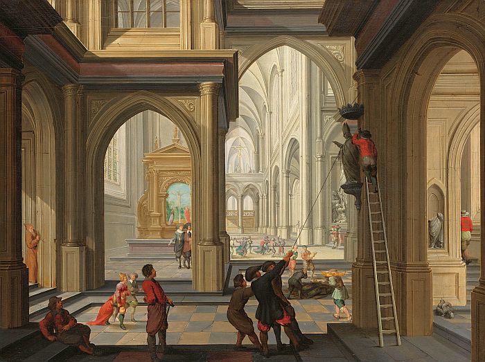 Dirck van Delen, Beeldenstorm in een kerk, 1566. Olieverfschilderij op paneel, vervaardigd in 1630. Collectie Rijksmuseum, objectnummer SK-A-4992.