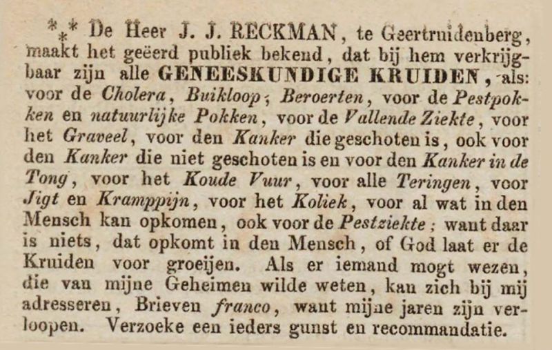 Advertentie uit de Opregte Haarlemsche Courant van 1857 waarin kruiden tegen kanker worden aangeboden.