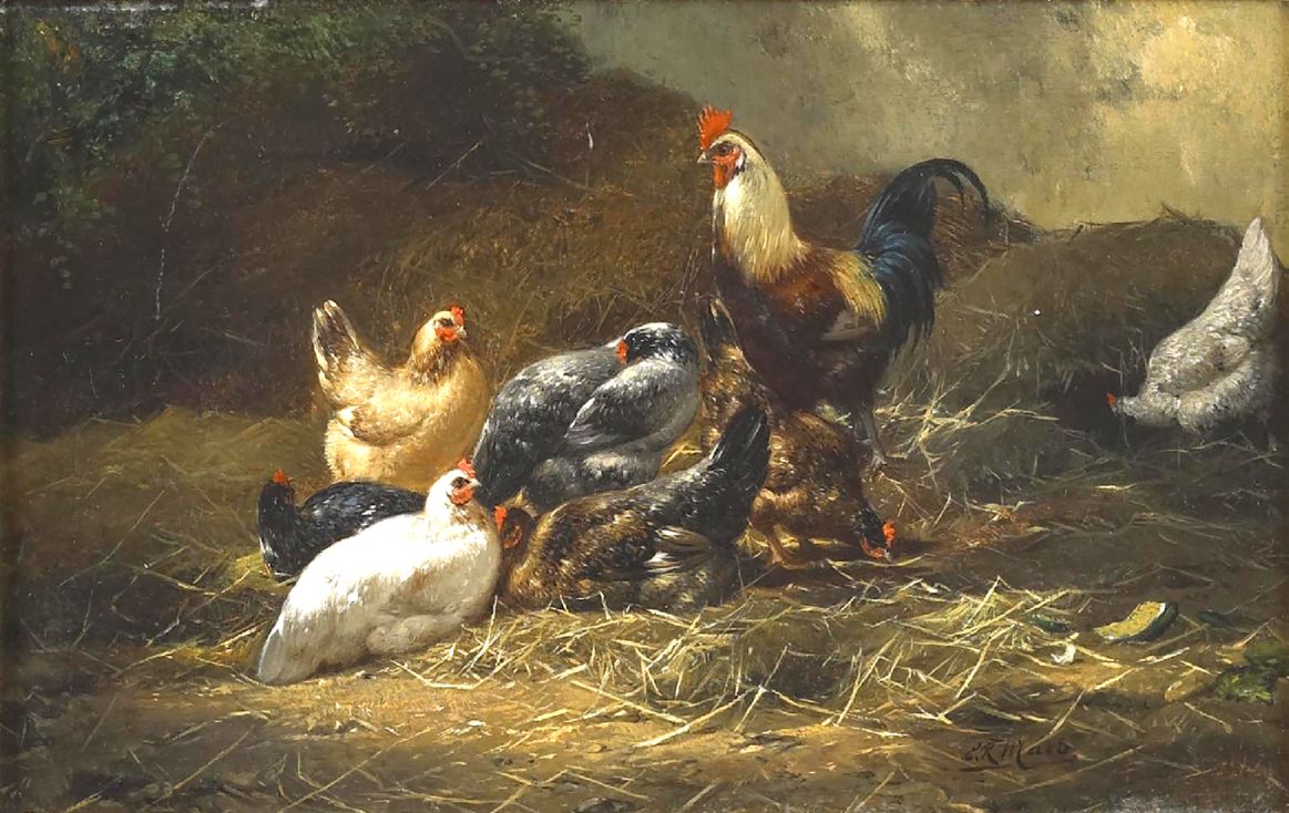 BIJSCHRIFT: Toompje kippen. Schilderij van Eugène Remy Maes (1849-1931)