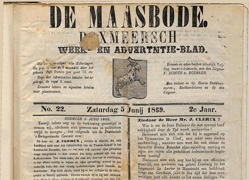 De gewraakte editie van De Maasbode, van zaterdag 5 juni 1869. 