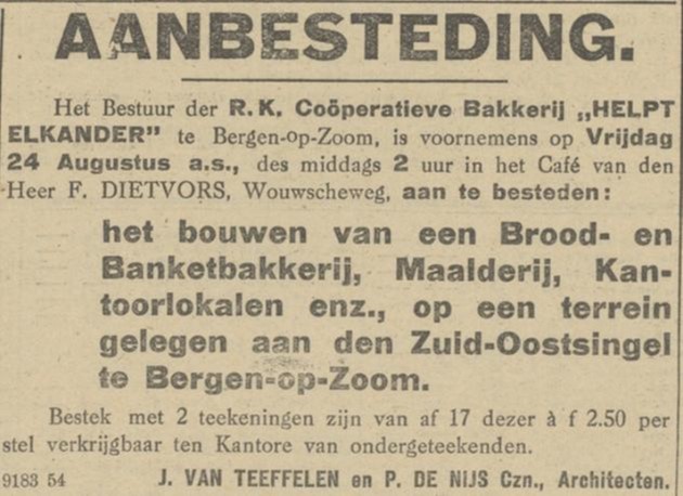 Aanbesteding van de RK Coöperatieve Bakkerij "Helpt Elkander" (bron: De Maasbode van 14 augustus 1917)