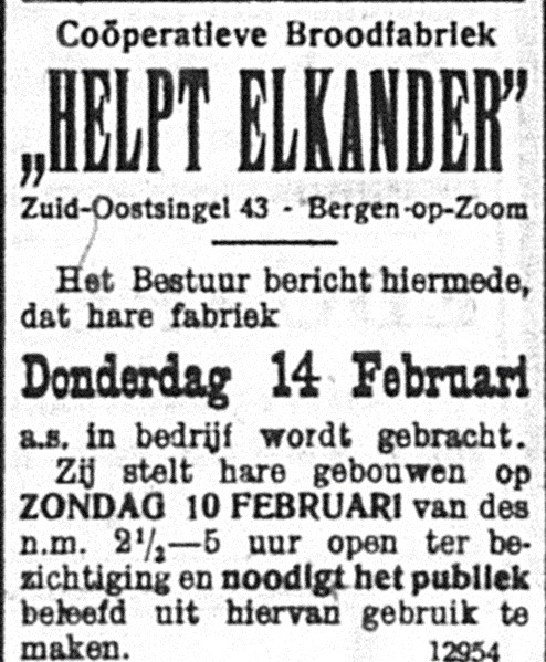 Advertententie voor de bezichtiging van de broodfabriek op 10 februari (bron: Dagblad De Zoom van 9 februari 1918)