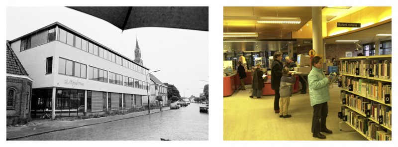 Links: gebouw De Mayboom zijde Kerkstraat, 1993. Rechts: bibliotheek in De Mayboom, 2003. Foto's: © Johan van Gurp. Bron: Stadsarchief Breda JVG19930705027 en JVG20030121003