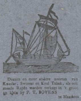 Maashees, reclame voor de per schip aangevoerde tabak van P.T. Bovens