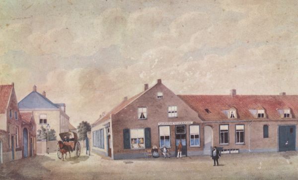 Prent van Hotel de Korenbeurs, geschilderd door A. von Geusau omstreeks 1880