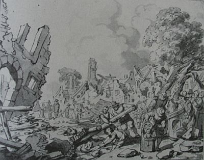 De ravage na de Delftse vuurwerkramp, tekening door Gerbrand van den Eeckhout. Bron: Wikimedia Commons