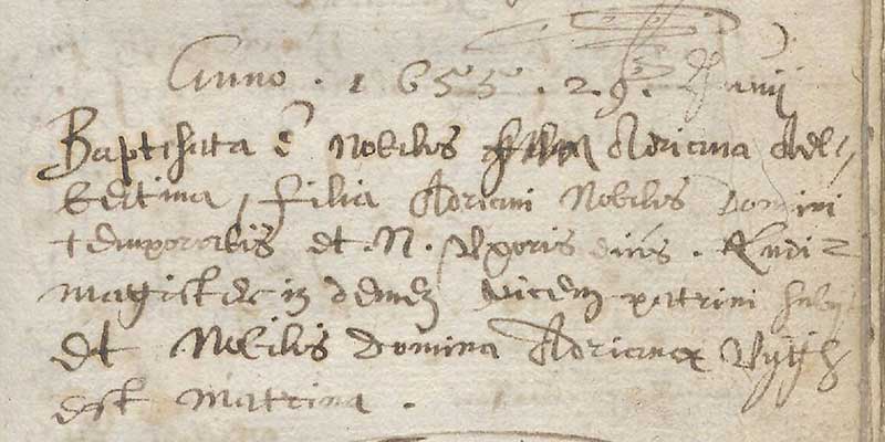 Doop van Adriana Aelbertina (bron: BHIC, toegang 1453, inv. nr 25, Doopboek Demen, Dieden en Langel 1630-1671, scan 21)
