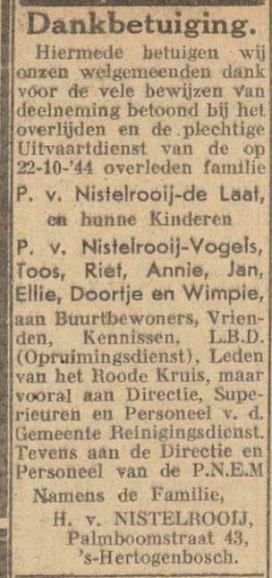 Dankbetuiging in dagblad De Vrije Pers 6 februari 1945