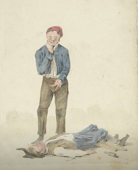 Staande man bij liggende dronkaard, Pieter van Loon, 1811 - 1873 via Rijksstudio