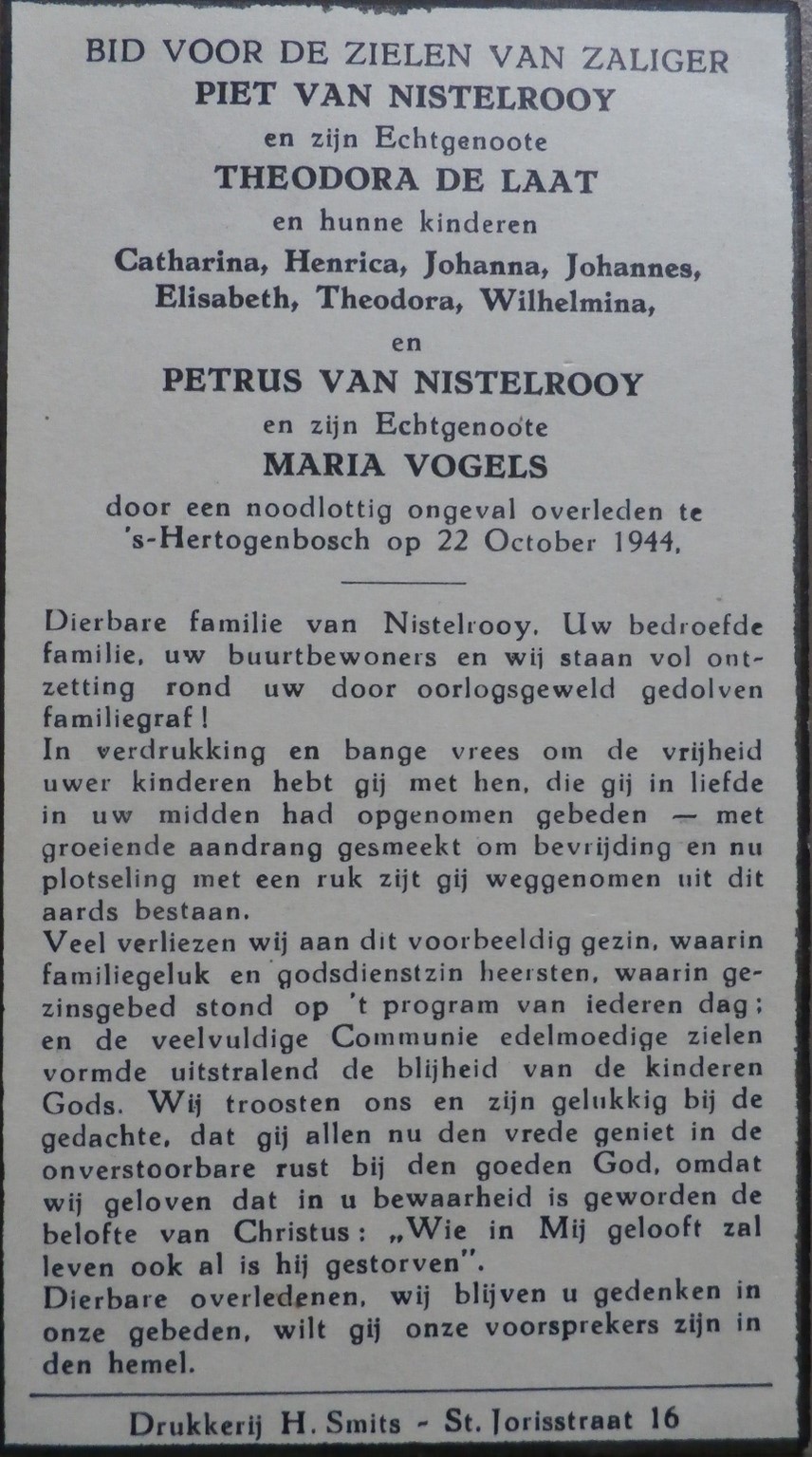Bidprentje kerkelijk afscheid gezin Van Nistelrooij januari 1945