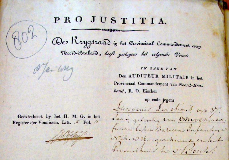 Uitspraak tegen Dingenis, uitegsproken op 8 januari 1819