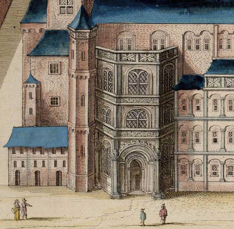 Portaal van het Paleis van de Prins-bisschoppen in Luik, in 1449 gebouwd door Jan van Heinsberg (gravure van Joan Blaeu, ca. 1650; bron: Wikimedia Commons, publiek domein))