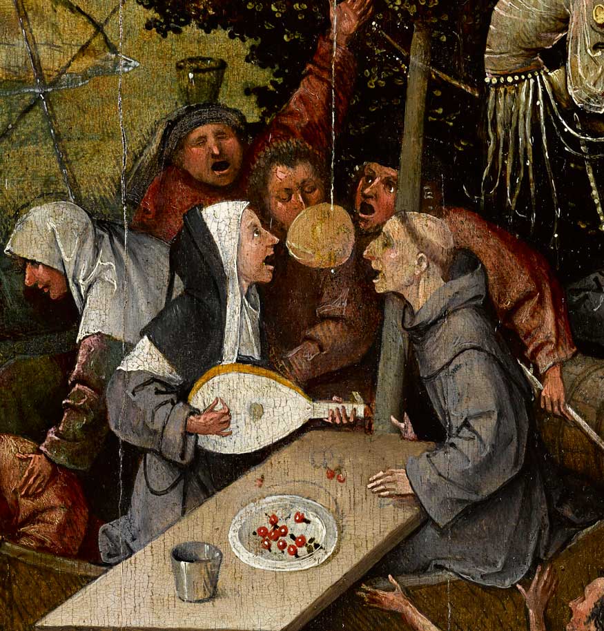 Verbeelding van de onmatigheid van een non en een monnik in Het Narrenschip van Jeroen Bosch (bron: Wikimedia Commons; publiek domein)