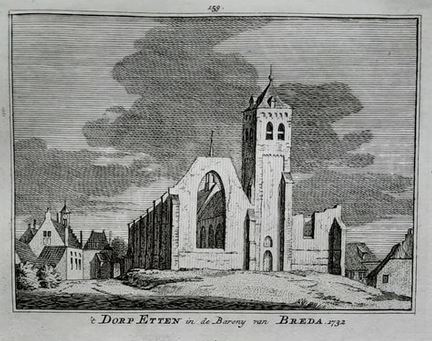 H. Spilman, De verwoeste kerk van Etten (gravure. Publiek domein)