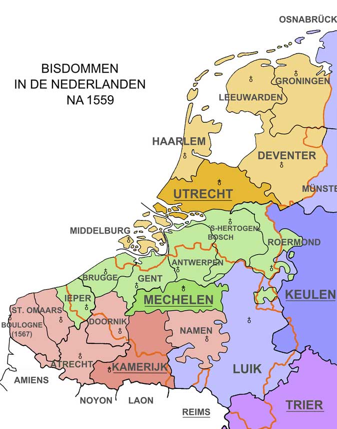 Hans Erren, De indeling van de Lage Landen in bisdommen na 1559 (Wikimedia Commons. CC BY-SA 4.0)