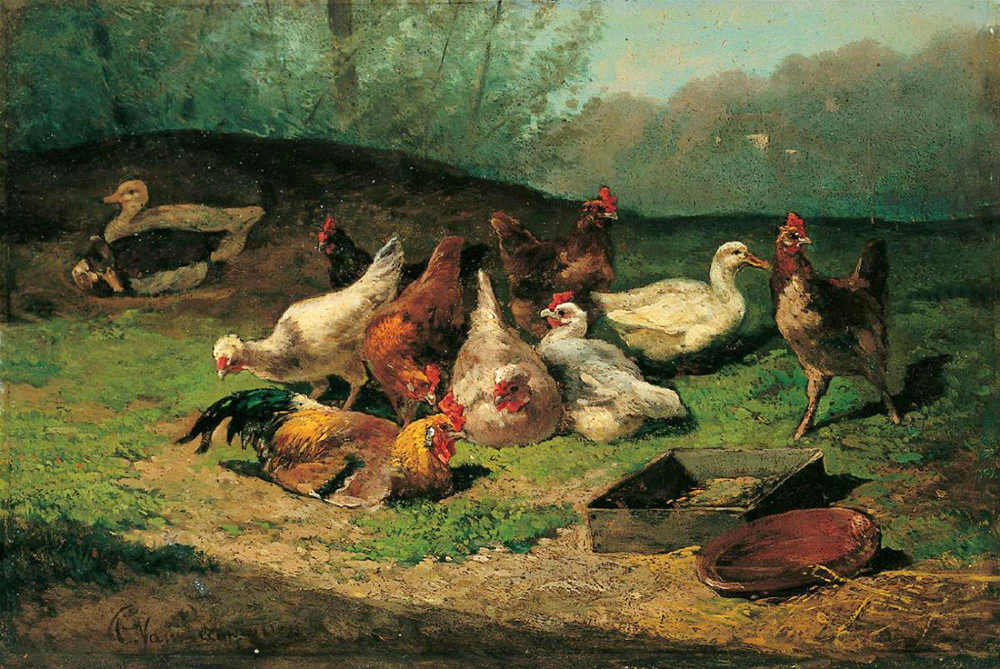 'Kippen en eenden op een weide.' Schilderij van Cornelis van Leemputten (1841-1902)