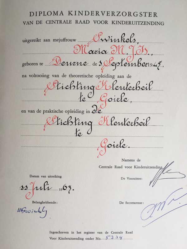 Diploma Kinderverzorgster, 1963 (inzending Margriette Swinkels)