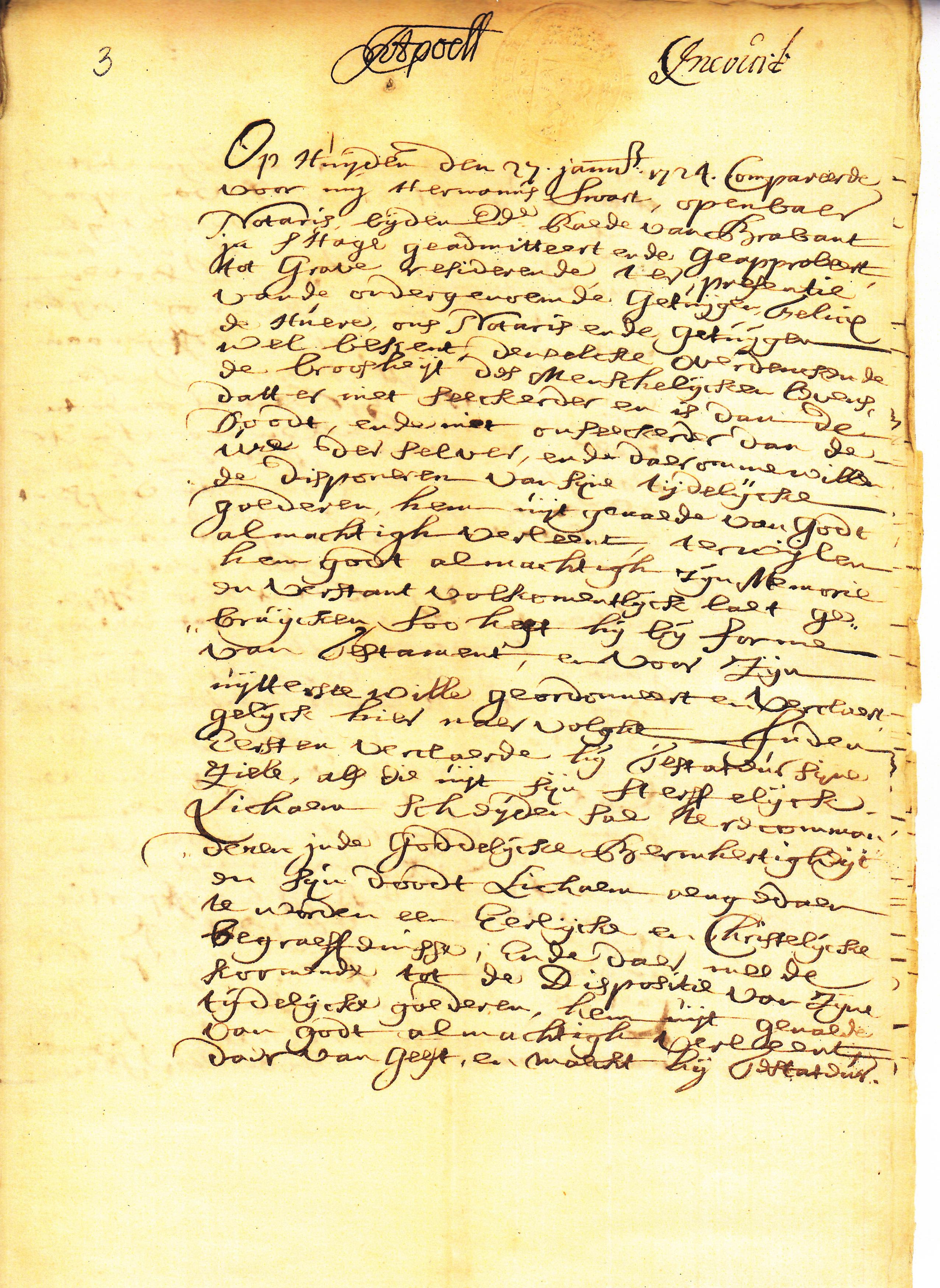 Notarisakte, geschreven op 27 januari 1724 door notaris Hermanus Swart