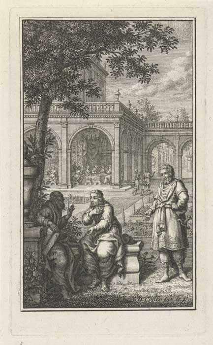 Drie mannen disputeren in de tuin, David Coster, 18e eeuw (coll. Rijksmuseum nr. RP-P-BI-6429)