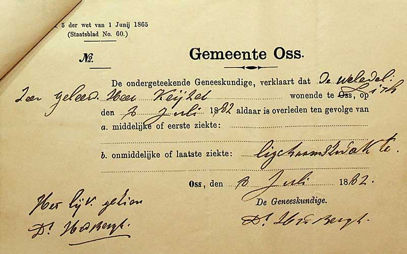 Doodsbriefje dr. De Keijzer, 1882