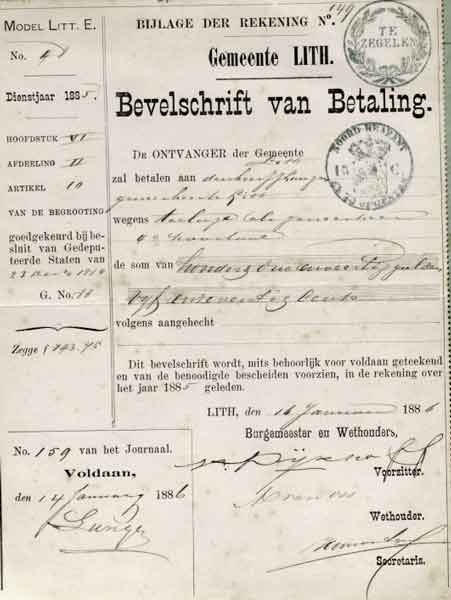 Bevelschrift tot uitbetaling aan dr. Lüngen, 1886