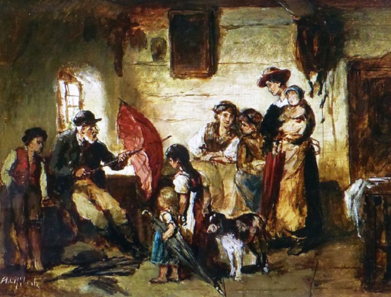Schilderij van Adolf Eberle (1804-1832). Een boerenfamilie inspecteert de paraplu’s voordat ze gaan wandelen. 