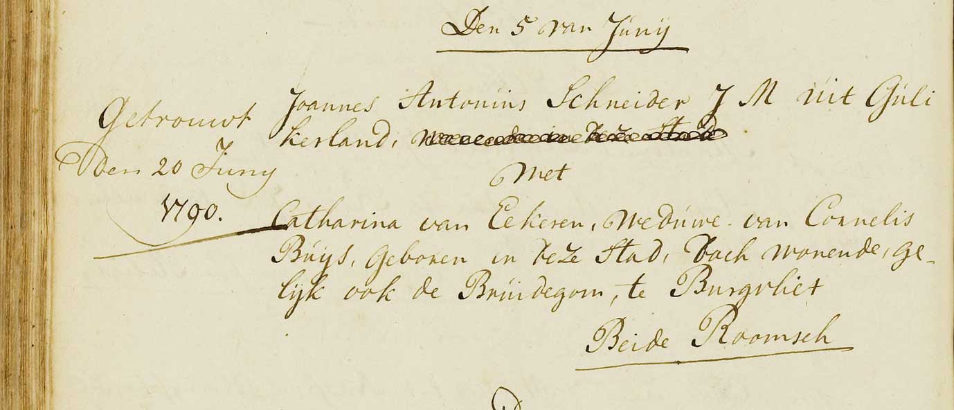 Huwelijksakte van Anthonie Schneider en Catharina van Ekeren (bron: West-Brabants Archief, NH trouwboek Bergen op Zoom 1773-1809, scan 127)