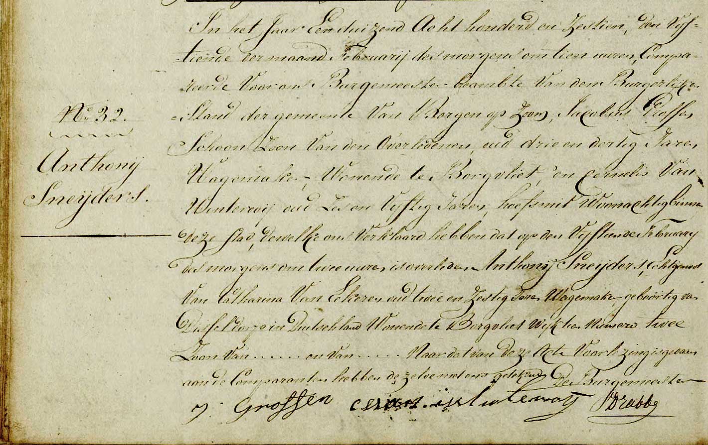 Overlijdensakte van Anthonie Schneider (West-Brabants Archief, Overlijdensregister Bergen op Zoom 1816, akte 32)