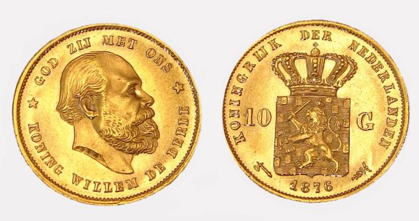 Gouden muntstukken van 10 gulden uit 1876.