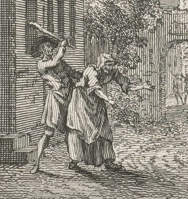 Man slaat vrouw voor een brandend huis, Simon Fokke, 1722 - 1784 (collectie Rijksstudio)