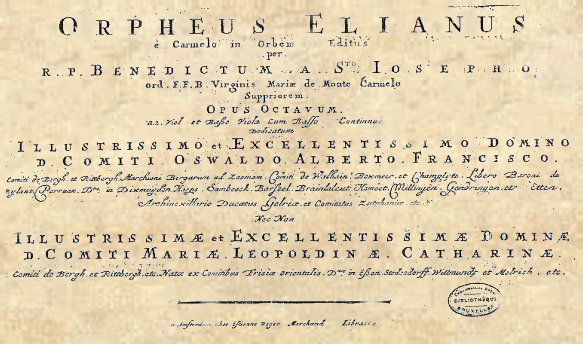 Titelpagina van Orpheus Elianus door pater Benedictus Buns