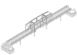 Reconstructietekening van de eerste, dubbele ophaalbrug. Klik voor een groter beeld