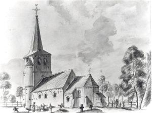 Het middeleeuwse kerkje, vlak voordat het werd afgebroken