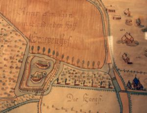 Het oude kasteelterrein, ingetekend op een kaart uit 1738