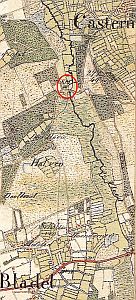 De locatie van de molen op de kaart van 1838 (KM=KorenMolen). Klik voor een groter beeld