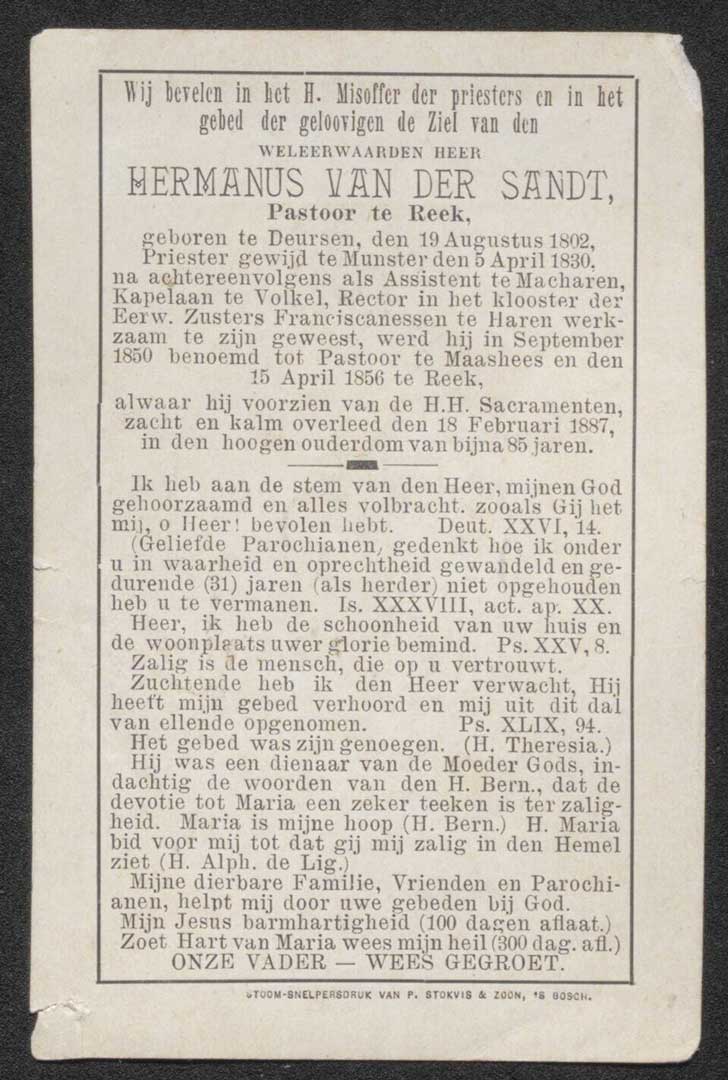 Bidprentje van pastoor Van der Sandt  (BHIC, toegang 1827 inv. nr. 437)