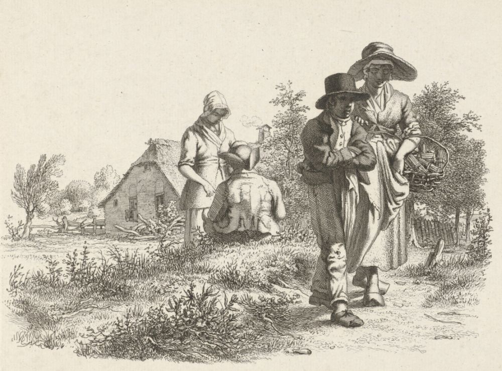 Blinde vrouw en converserende figuren bij een boerderij, Jacob Ernst Marcus, 1814