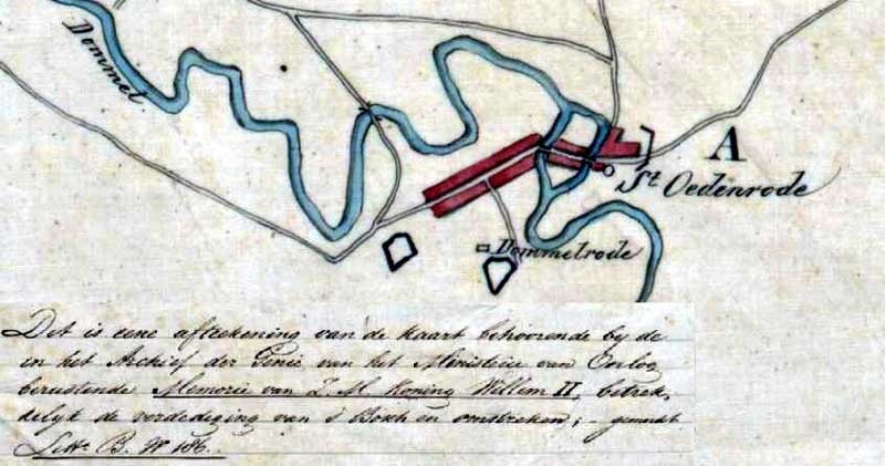Detail uit een kaart in Brabant Collectie met de in Sint-Oedenrode aangegeven verdedigingswerken aan de Nijnselseweg, Boskantseweg en in Eerschot