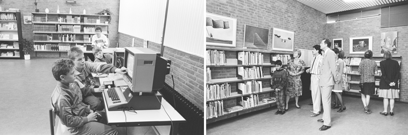 Links: Studieleeszaal, 1984, met voor die tijd al computers. Rechts: Expositie in de bibliotheek, 1992. (foto's: Johan van Gurp. Bron: Stadsarchief Breda, fotonummers JVG19880309020 en JVG19920606016)